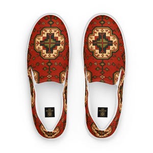 Armenian Rug Men’s Slip-On Canvas Shoes | Red Geometric Carpet Sneakers | Ethnic Heritage Casual Loafers | Boho Style Gift