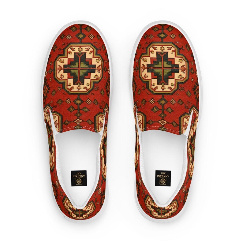 Armenian Rug Men’s Slip-On Canvas Shoes | Red Geometric Carpet Sneakers | Ethnic Heritage Casual Loafers | Boho Style Gift