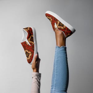 Armenian Rug Women’s Slip-On Canvas Shoes | Red Geometric Carpet Sneakers | Ethnic Heritage Casual Loafers | Boho Style Gift