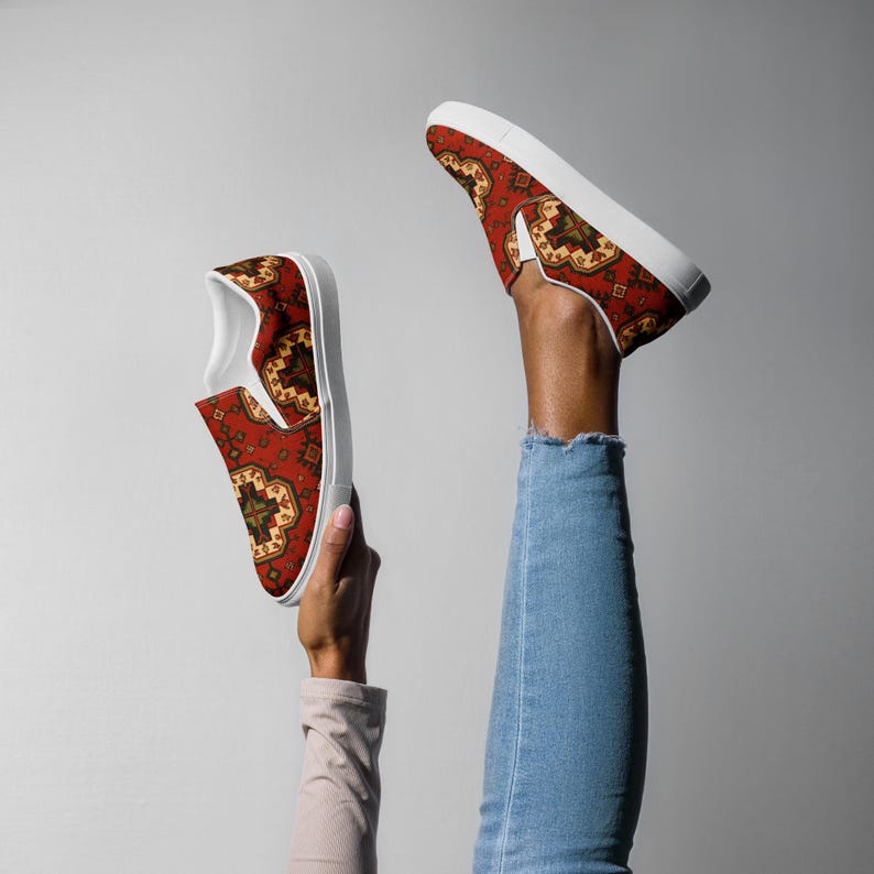 Armenian Rug Women’s Slip-On Canvas Shoes | Red Geometric Carpet Sneakers | Ethnic Heritage Casual Loafers | Boho Style Gift