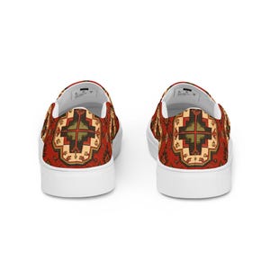 Armenian Rug Men’s Slip-On Canvas Shoes | Red Geometric Carpet Sneakers | Ethnic Heritage Casual Loafers | Boho Style Gift