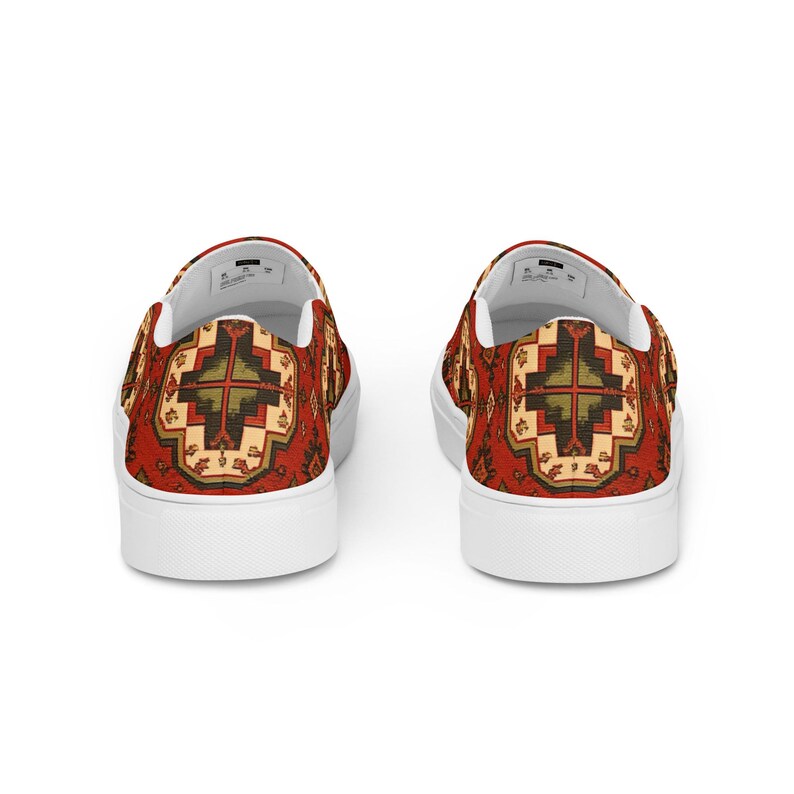 Armenian Rug Men’s Slip-On Canvas Shoes | Red Geometric Carpet Sneakers | Ethnic Heritage Casual Loafers | Boho Style Gift