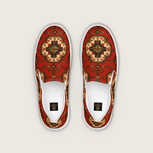 Armenian Rug Women’s Slip-On Shoes: Red Geometric Heritage Pattern image 1