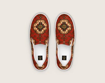 Armenian Rug Women’s Slip-On Shoes: Red Geometric Heritage Pattern