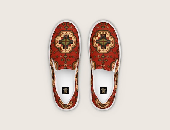 Armenian Rug Women’s Slip-On Shoes: Red Geometric Heritage Pattern