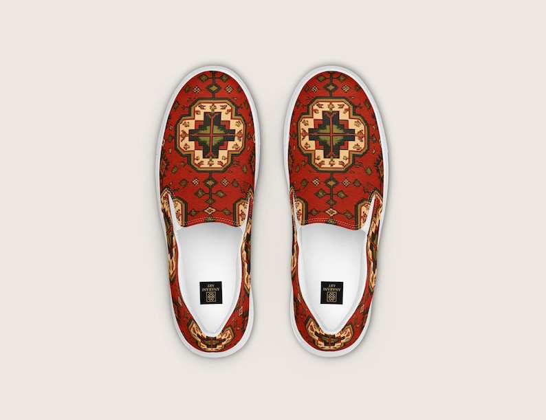 Armenian Rug Women’s Slip-On Shoes: Red Geometric Heritage Pattern image 1