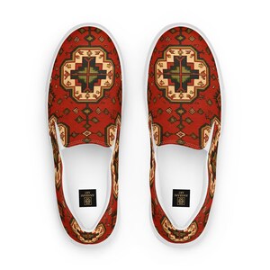 Armenian Rug Women’s Slip-On Canvas Shoes | Red Geometric Carpet Sneakers | Ethnic Heritage Casual Loafers | Boho Style Gift