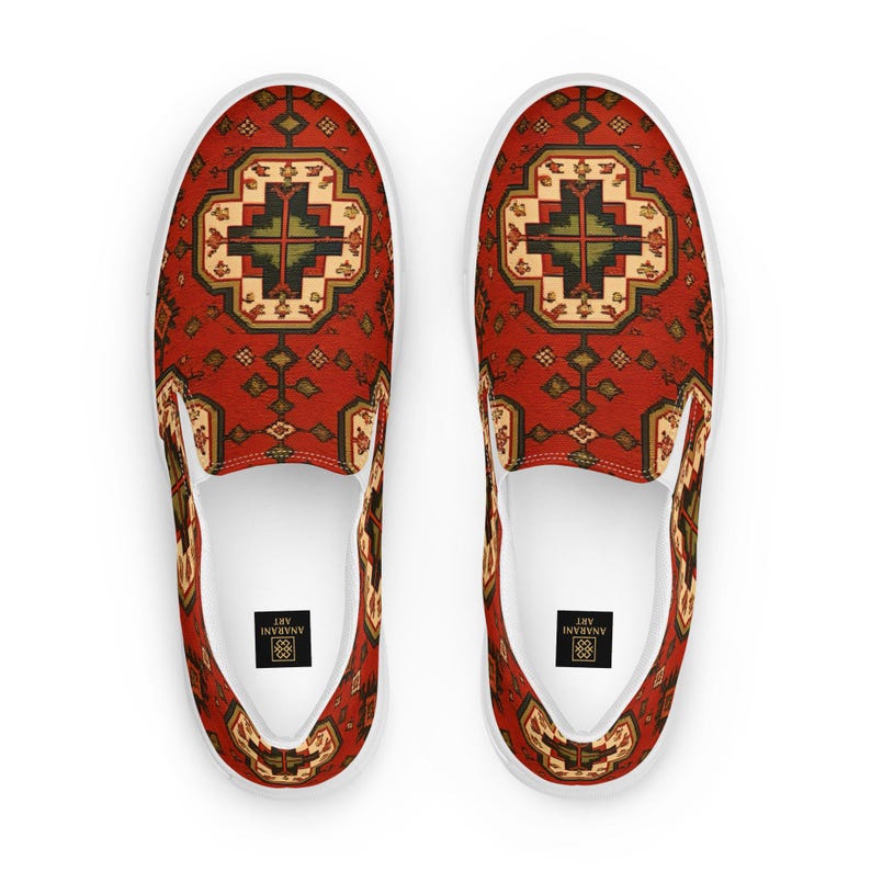 Armenian Rug Women’s Slip-On Canvas Shoes | Red Geometric Carpet Sneakers | Ethnic Heritage Casual Loafers | Boho Style Gift