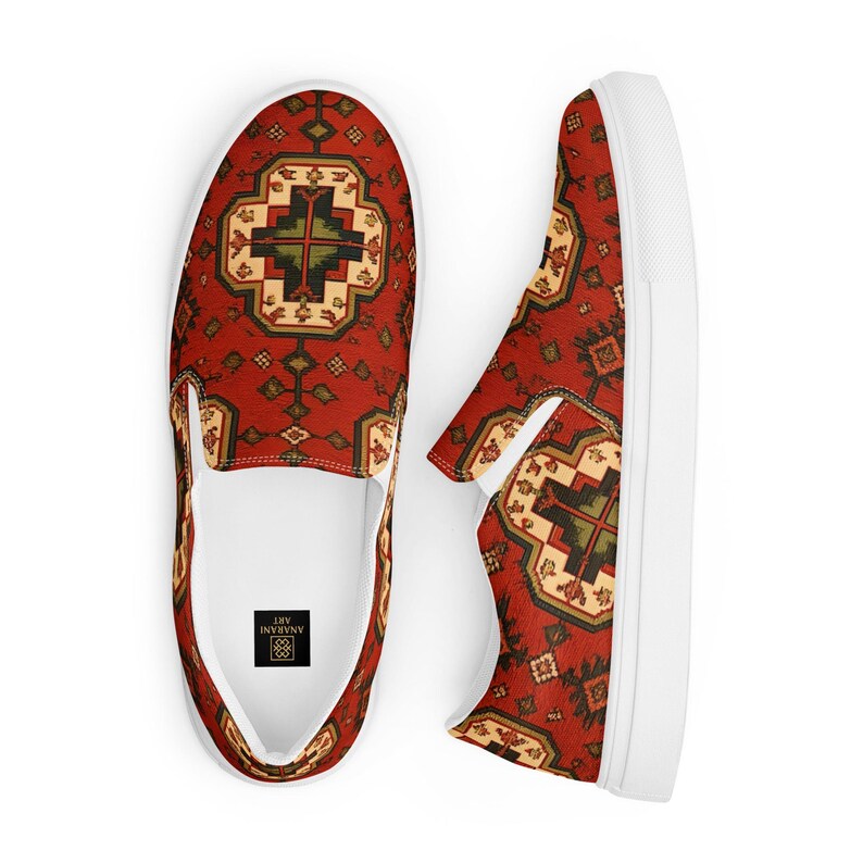 Armenian Rug Women’s Slip-On Canvas Shoes | Red Geometric Carpet Sneakers | Ethnic Heritage Casual Loafers | Boho Style Gift