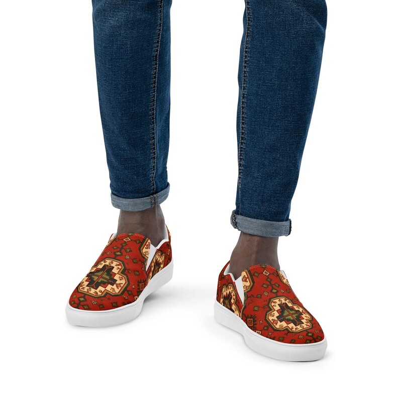 Armenian Rug Men’s Slip-On Canvas Shoes | Red Geometric Carpet Sneakers | Ethnic Heritage Casual Loafers | Boho Style Gift