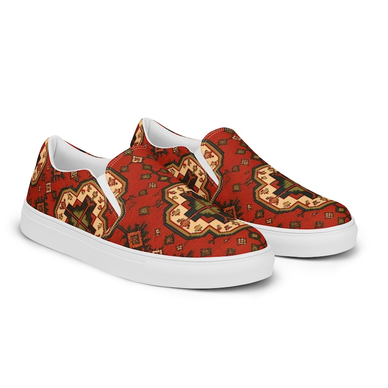 Armenian Rug Women’s Slip-On Canvas Shoes | Red Geometric Carpet Sneakers | Ethnic Heritage Casual Loafers | Boho Style Gift