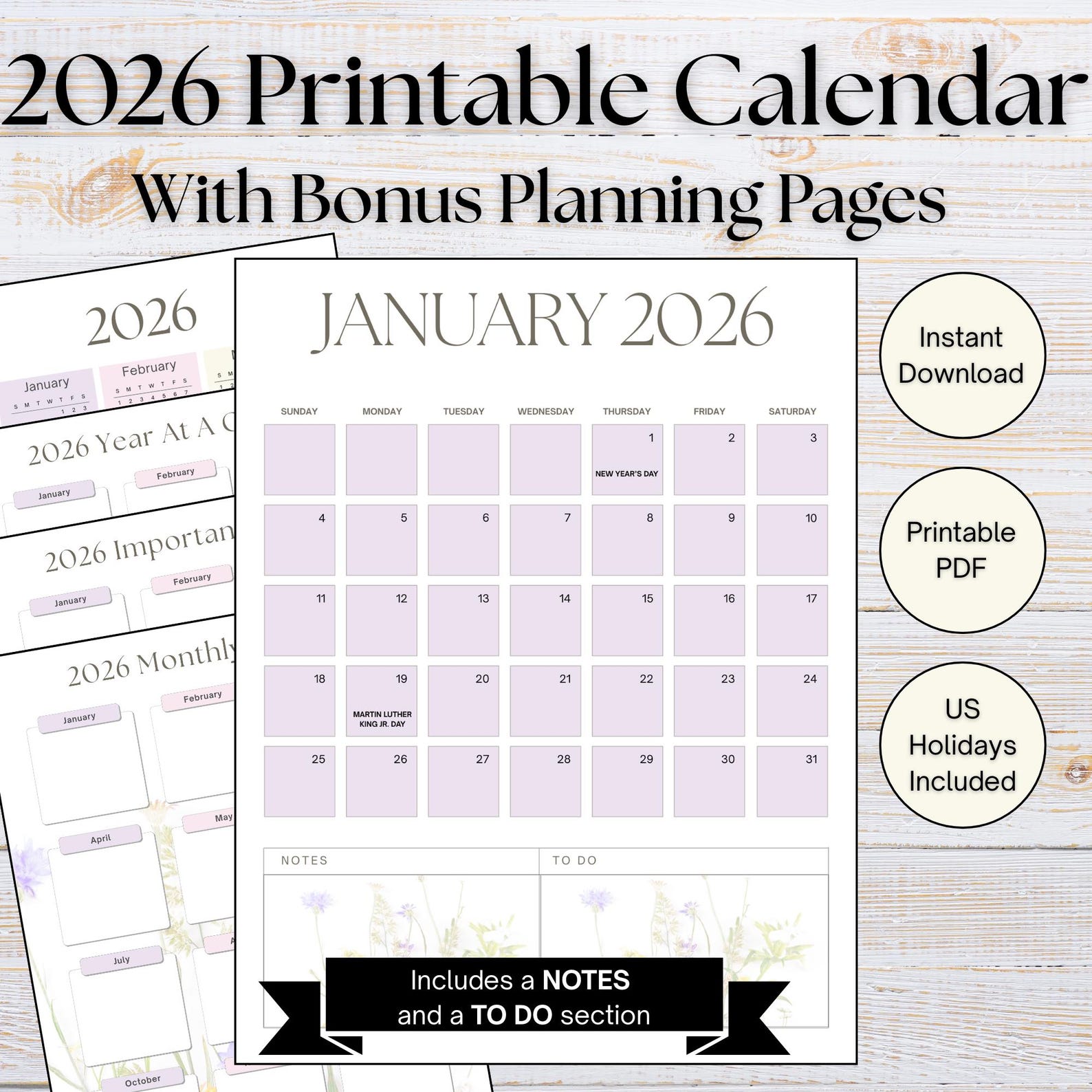 2026 Wildflower Calendar Printable | Monthly Planner With Notes (PDF ...