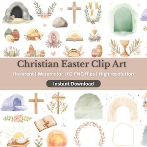 May include: A collection of watercolour clip art featuring Christian Easter imagery. The image includes illustrations of a tomb, cross, Easter eggs, and an open book. The text reads "Christian Easter Clip Art" and "Instant Download".