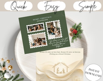 May include: A Christmas card design featuring family photos in stamp-like frames on a green background. The card includes the text "Merry Christmas" and a Bible verse. A second card shows a nativity scene with the text "Wishing you a blessed Christmas."