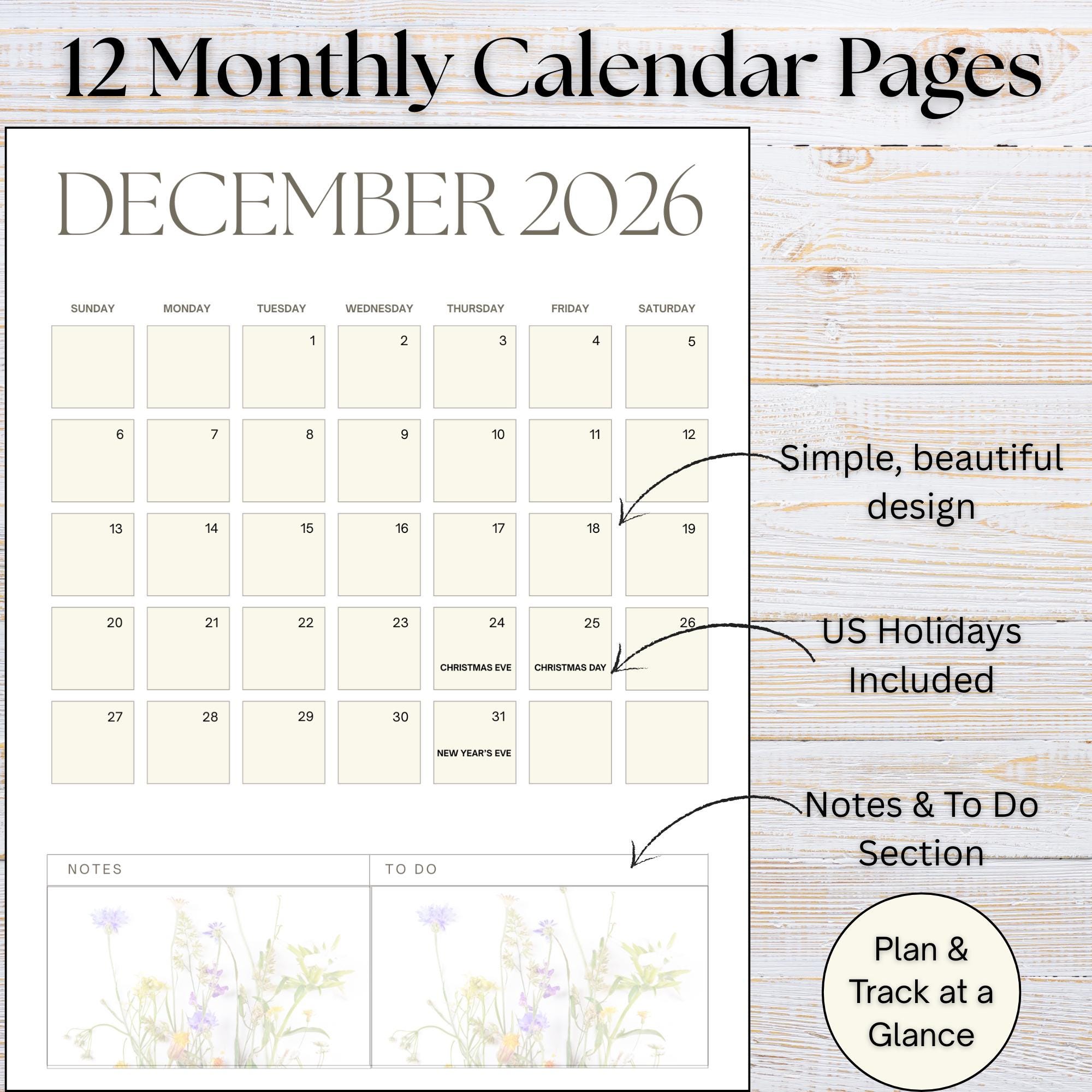 2026 Wildflower Calendar Printable | Monthly Planner With Notes (PDF ...