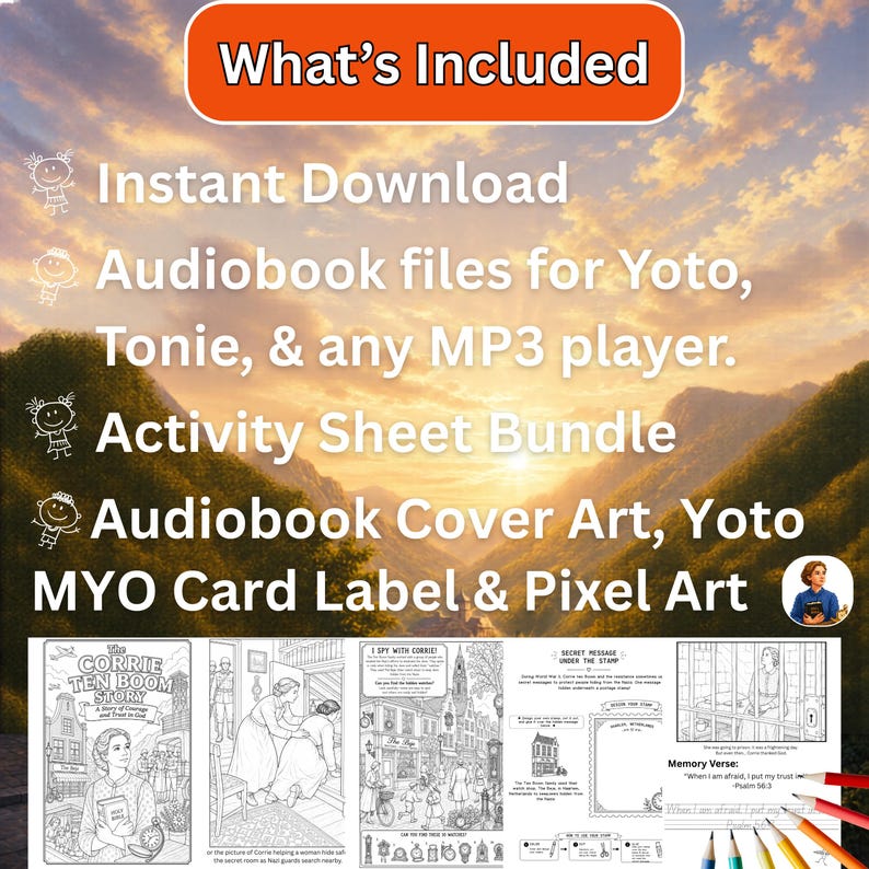 What’s included in Corrie Ten Boom audiobook bundle with Yoto files, Tonie compatible MP3s, printable coloring pages, Yoto make-your-own card labels and scripture activities