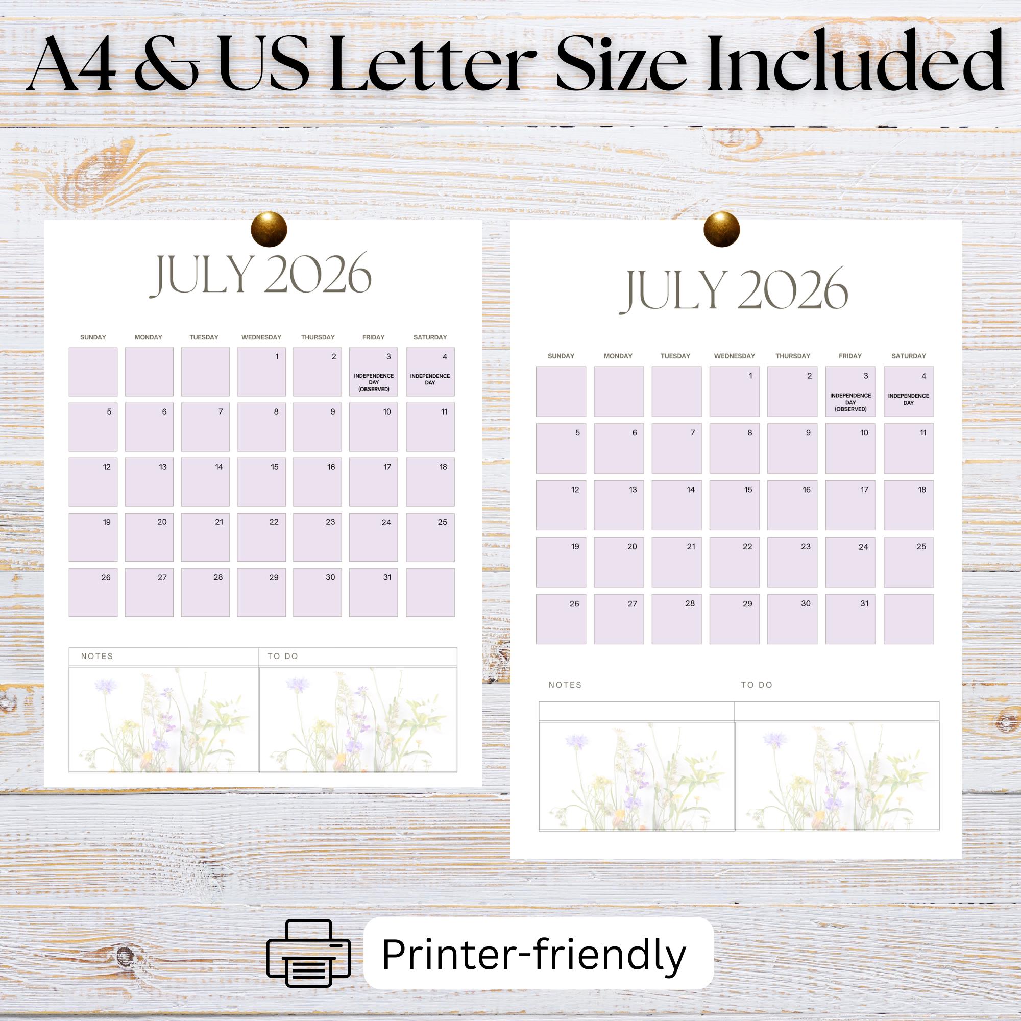 2026 Wildflower Calendar Printable | Monthly Planner With Notes (PDF ...