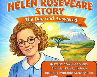 May include: A book cover with the title "The Helen Roseveare Story" and the subtitle "The Day God Answered." The cover features a portrait of a woman wearing glasses, set against a backdrop of an African landscape. Includes a downloadable MP3 audiobook and activity pack.