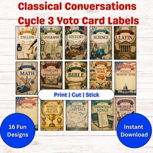 May include: A set of 16 Classical Conversations Cycle 3 Yoto card labels featuring educational subjects like English, Geography, History, Science, Latin, Math, Timeline, Presidents, Bible, Memory Work, Songs, and States and Capitals with vintage illustrations.