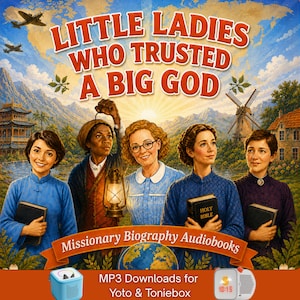 May include: A digital book cover titled Little Ladies Who Trusted A Big God, featuring four individuals in historical attire, one holding a lantern and two holding Bibles, set against a landscape with a windmill, mountains, and airplanes.