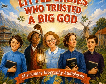 May include: A book cover titled Little Ladies Who Trusted A Big God featuring four women in historical clothing, one holding a lantern, two holding books, and one holding a Holy Bible. The background shows a landscape with a windmill and airplanes.