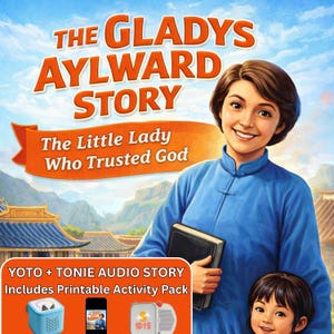 May include: The book cover for "The Gladys Aylward Story" shows a woman in a blue shirt holding a book, with a child. The title is in orange, with the subtitle "The Little Lady Who Trusted God." Includes audio story and activity pack.