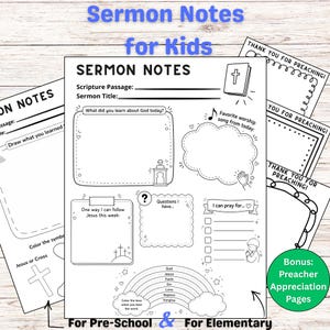 May include: Black and white sermon notes for kids, featuring fill-in sections for scripture, sermon title, and personal reflections. Includes a rainbow, cross, and the text "For Pre-School & For Elementary."
