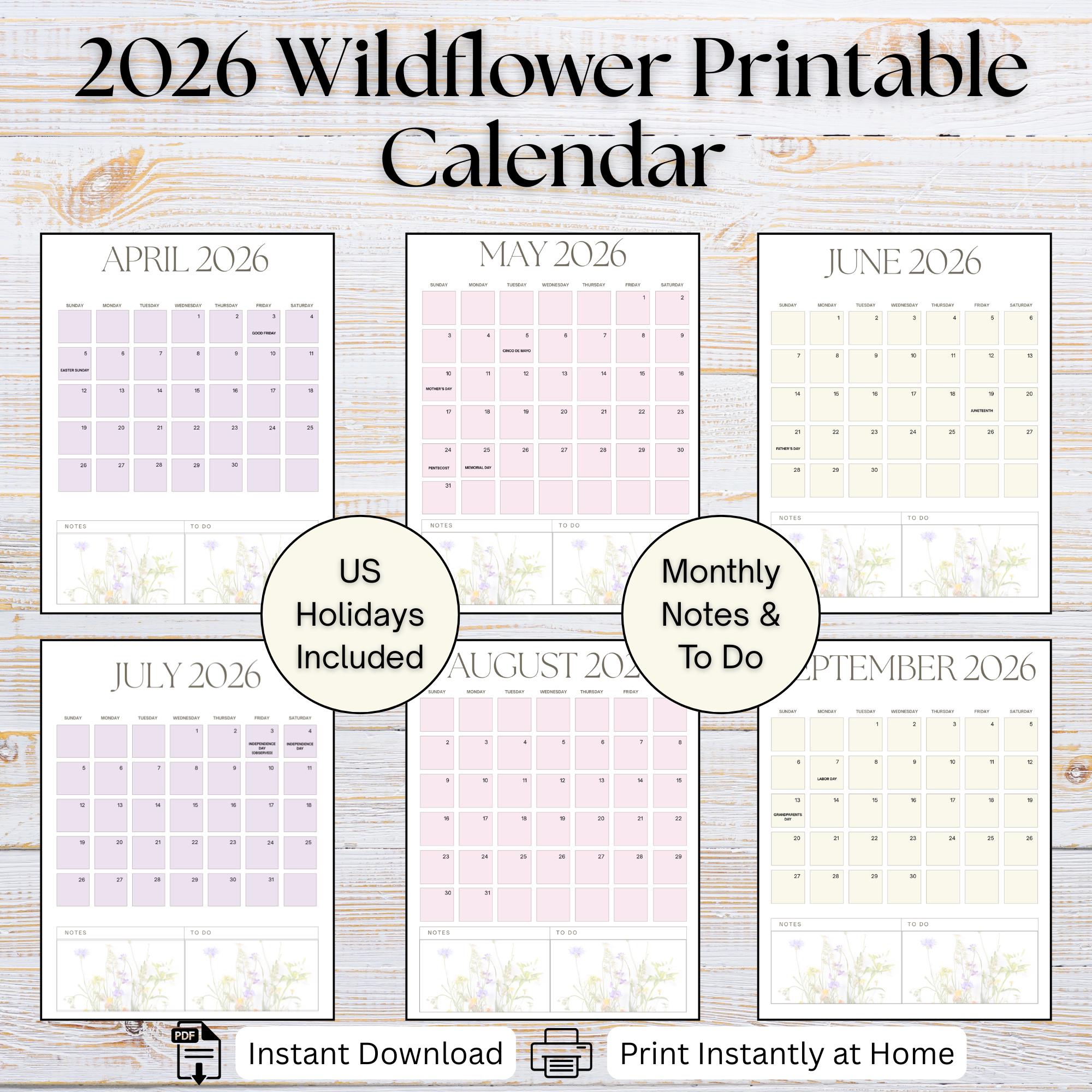 2026 Wildflower Calendar Printable | Monthly Planner With Notes (PDF ...