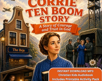 May include: Cover art for "The Corrie Ten Boom Story" audiobook. The image features a woman in a blue dress, a historic building, and text that reads "A Story of Courage and Trust in God." Includes a digital download pack.