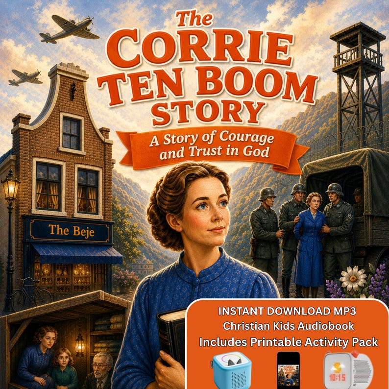 Corrie Ten Boom Christian Kids Audiobook cover for Yoto player and Toniebox with printable activity bundle and MP3 download