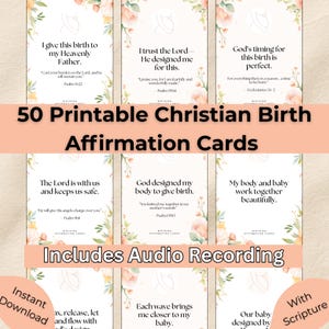 Puede incluir: Un conjunto de 50 tarjetas imprimibles de afirmaciones cristianas para el nacimiento. Cada tarjeta presenta una cita inspiradora y un versículo bíblico, con diseños florales. Las tarjetas están diseñadas para apoyar y alentar durante el embarazo y el parto.