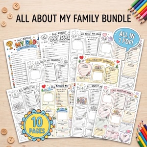 May include: A collection of ten printable activity sheets titled All About My Family Bundle, featuring fill-in-the-blank questionnaires for parents and grandparents with black and white line art illustrations, hearts, and stars on a light wood background.