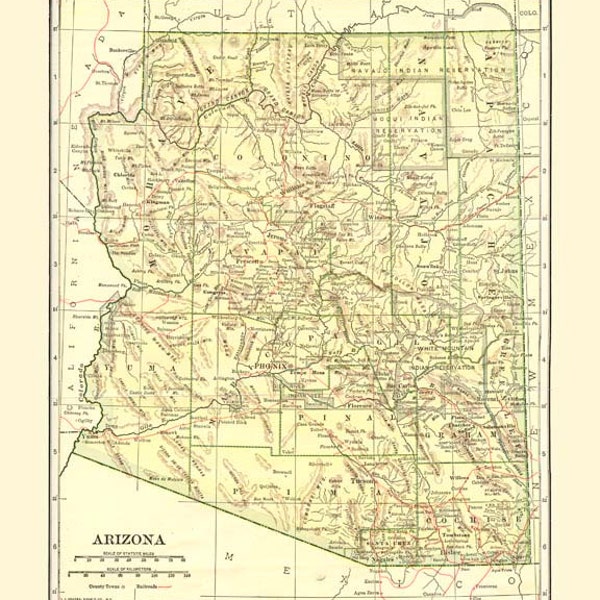 Antique ARIZONA STATE MAP Instant Digital Download