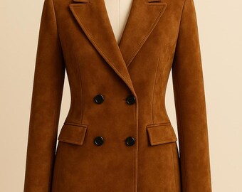Blazer de ante para mujer / Chaqueta cruzada de sastre / Prendas de abrigo elegantes para otoño e invierno