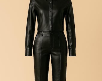 Conjunto de camisa de manga larga y pantalón recto de cuero negro hecho a mano