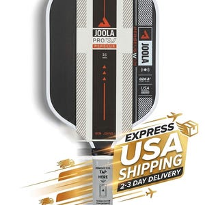 May include: A black and white JOOLA Pro Perseus V16 16 mm table tennis paddle. The paddle has a white handle and a black face with a striped design. The handle has the text "Remove Foil Tap Here".