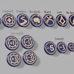 May include: A collection of navy blue and gold game tokens with various symbols and text. The tokens are labeled with terms like "Rush," "Support," and "Damage." Some tokens have numerical values, such as "+1" and "-3."
