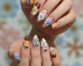 Colorful 3D Flower & Butterfly Press On Nails, Handmade Almond Nails, Reusable Nail Tips, Spring Nail Art Set
