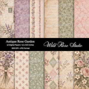 Könnte beinhalten: Eine Sammlung von zwölf digitalen Papieren mit antiken Rosengarten-Designs, darunter Blumenmuster, Vintage-Schriftzüge, Lavendelsträuße, rosa Rosen und Rautenmotive in sanften Pastelltönen wie Rosa, Grün, Violett und Creme, im Format 11 x 8,5 Zoll.