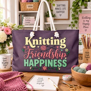 Large canvas carrying bag, Knitting Tote, Yarn Project Bag, Crafters Friendship Bag,Gift for Knitters, Craft Bag, Knitting Circle Tote
