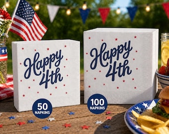 July 4th Celebration Napkins, "Happy 4th" Coined Napkins with Patriotic Stars