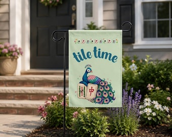 Tile Time Mah Jongg Peacock Garden Flag | House Banner, Pink And Green Decorative Yard Flag