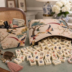 Floral Birds Cosmetic Bag, Chinoiserie Travel Pouch, Vintage Makeup Organizer, Mah Jongg Tile Bag, Elegant Gift for Players