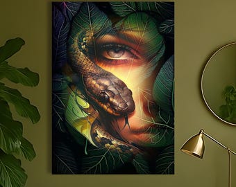 Mystical Snake and Woman Eye Canvas, Fantasy Serpent Portrait, Dark Botanical Decor Poster