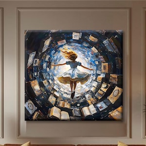 Puede incluir: Una gran pintura cuadrada sobre lienzo representa una figura cayendo por un túnel de libros. La obra de arte está dominada por azules y blancos, con una fuente de luz central. La pintura cuelga sobre un sofá marrón en una sala de estar.