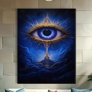 May include: A large, vertical canvas art piece depicting a stylized eye with a blue iris and gold accents. The eye is set against a backdrop of blue clouds and a temple. The artwork is displayed in a living room setting.