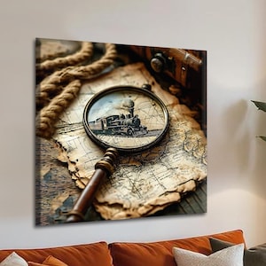 May include: A vintage-style artwork featuring a magnifying glass over an antique map. The magnifying glass reveals a detailed image of a train. The artwork has a warm, aged aesthetic, with a focus on exploration and travel.
