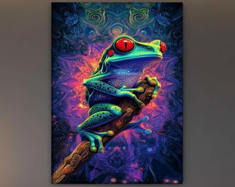 サイケデリックなカエルのキャンバスウォールアート、鮮やかな赤目のアマガエルのポスター、カラフルでシュールな自然プリント