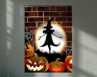 Halloween Witch Canvas Print, Spooky Pumpkin Decor, Autumn Wall Art