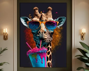 スムージーを飲むキリンのキャンバス、面白いポップアートの動物の壁飾り、鮮やかなサングラスのキリンのポスター